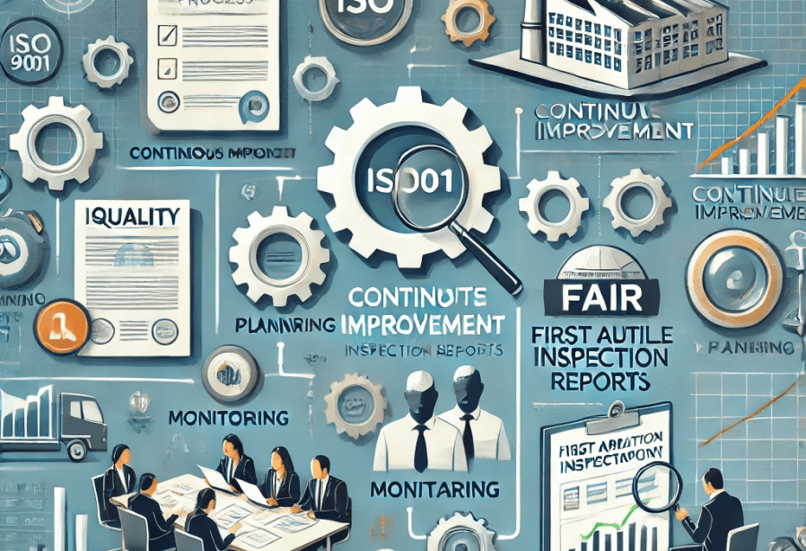 a close-up of ISO certification and reports illustrations